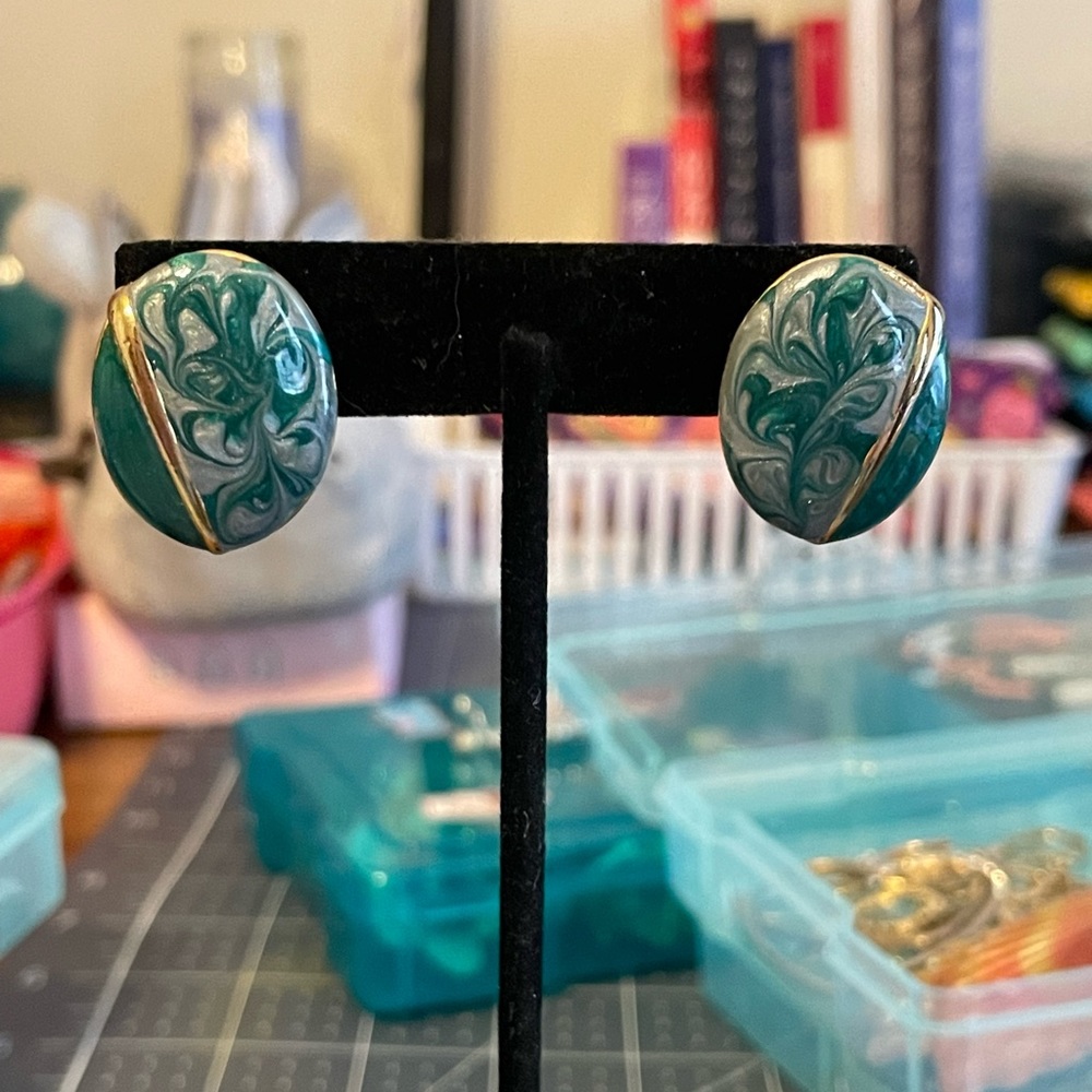 Gold-toned teal painted earrings
